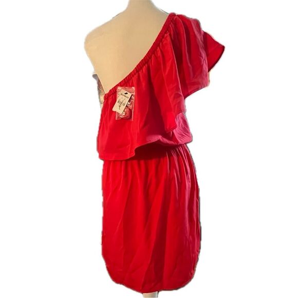 Express One-Shoulder Ruffle Midi Dress Red Small - Picture 4 of 7
